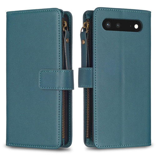 Google Pixel 7 9 Card Slots Zipper Wallet Leather Flip Phone Case - Green