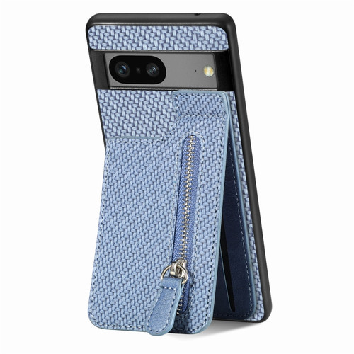 Google Pixel 7 Carbon Fiber Vertical Flip Zipper Phone Case - Blue