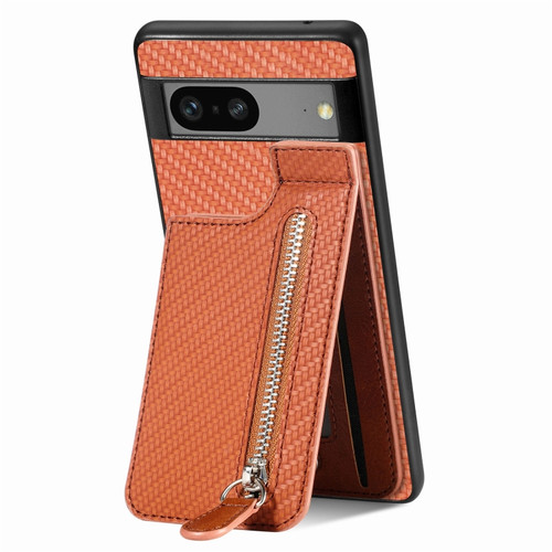 Google Pixel 7 Carbon Fiber Vertical Flip Zipper Phone Case - Brown