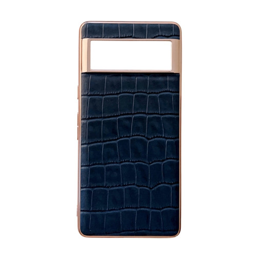 Google Pixel 7 Crocodile Texture Genuine Leather Electroplating Phone Case - Blue