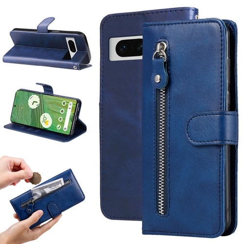 Google Pixel 7 Fashion Calf Texture Zipper Leather Phone Case - Blue