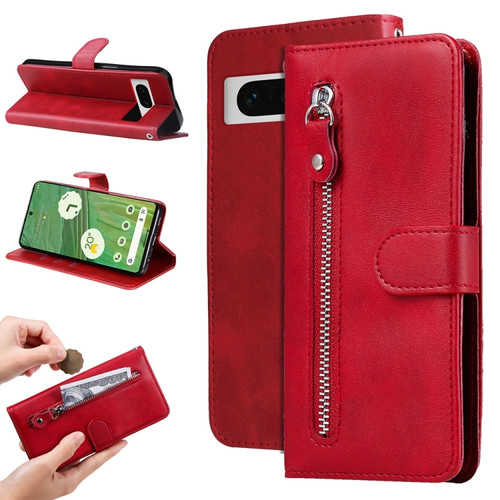 Google Pixel 7 Fashion Calf Texture Zipper Leather Phone Case - Red