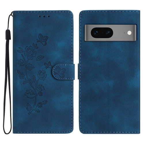 Google Pixel 7 Flower Butterfly Embossing Pattern Leather Phone Case - Blue