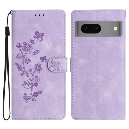 Google Pixel 7 Flower Butterfly Embossing Pattern Leather Phone Case - Purple