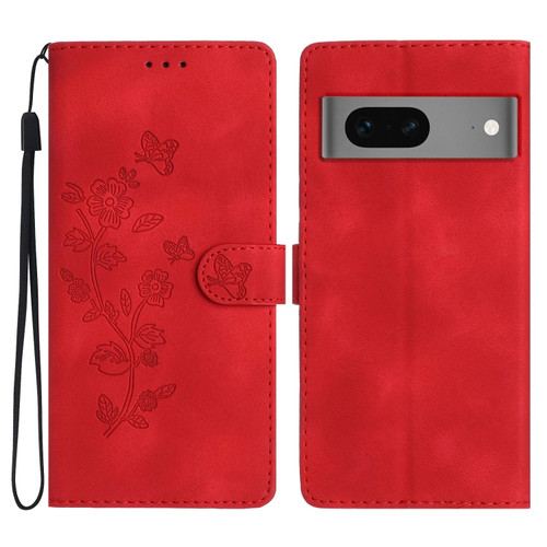 Google Pixel 7 Flower Butterfly Embossing Pattern Leather Phone Case - Red
