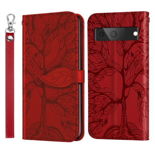 Google Pixel 7 Life Tree Embossing Pattern Horizontal Flip Leather Phone Case - Red