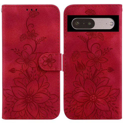 Google Pixel 7 Lily Embossed Leather Phone Case - Red