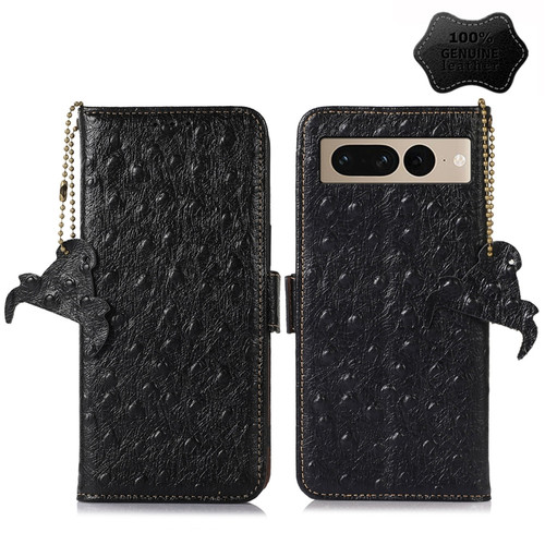 Google Pixel 7 Ostrich Pattern Genuine Leather RFID Phone Case - Black