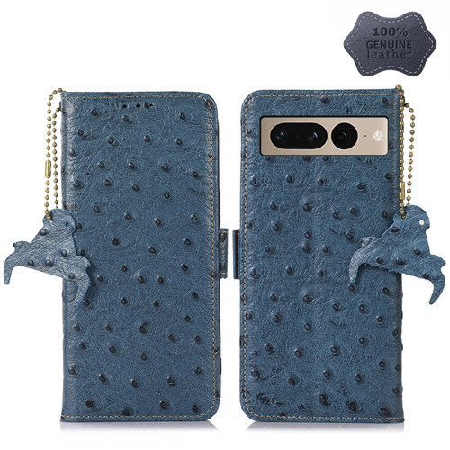 Google Pixel 7 Ostrich Pattern Genuine Leather RFID Phone Case - Blue