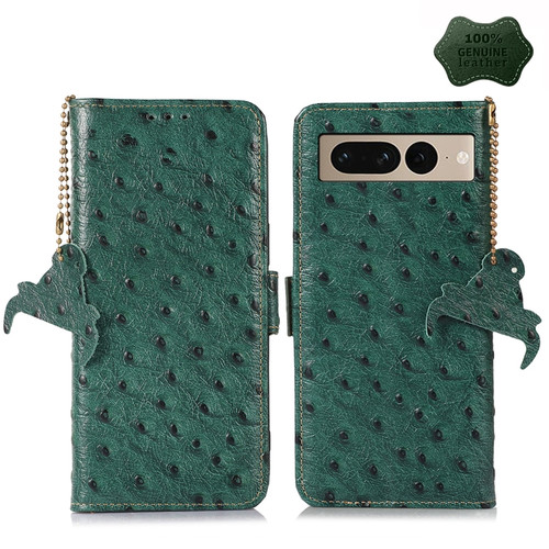 Google Pixel 7 Ostrich Pattern Genuine Leather RFID Phone Case - Green
