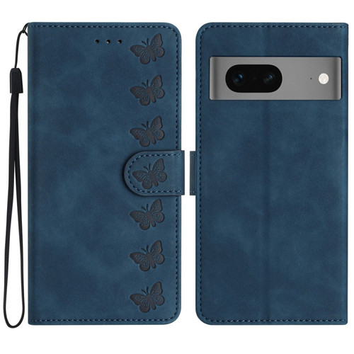 Google Pixel 7 Seven Butterflies Embossed Leather Phone Case - Blue