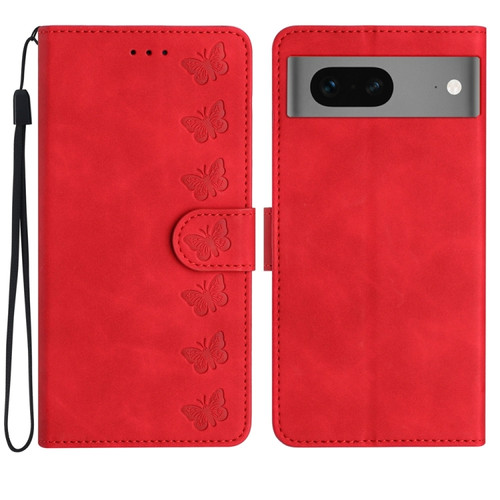 Google Pixel 7 Seven Butterflies Embossed Leather Phone Case - Red