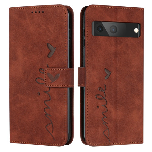 Google Pixel 7 Skin Feel Heart Pattern Leather Phone Case - Brown