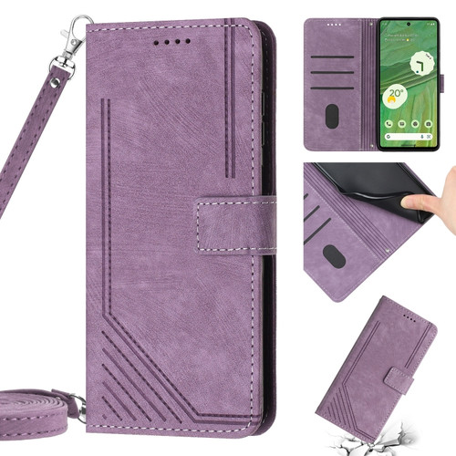 Google Pixel 7 Skin Feel Stripe Pattern Leather Phone Case with Lanyard - Purple