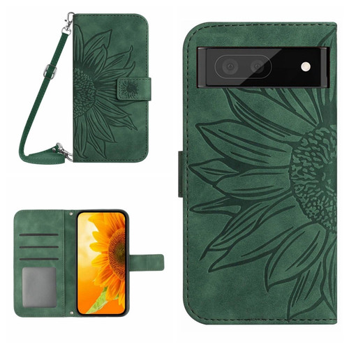 Google Pixel 7 Skin Feel Sun Flower Pattern Flip Leather Phone Case with Lanyard - Green