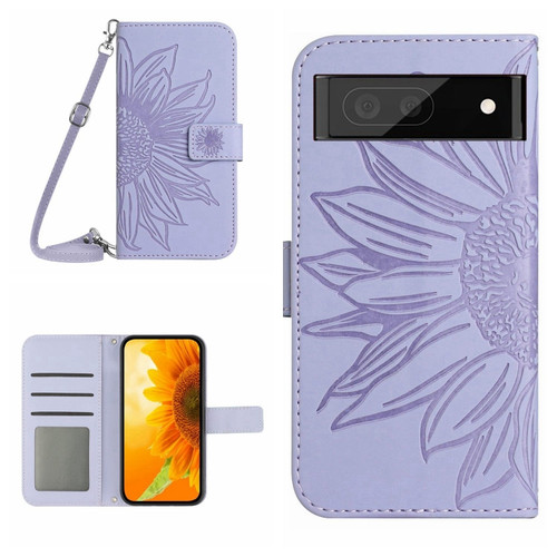 Google Pixel 7 Skin Feel Sun Flower Pattern Flip Leather Phone Case with Lanyard - Purple