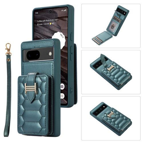 Google Pixel 7 Vertical Card Bag Ring Holder Phone Case with Dual Lanyard - Dark Green