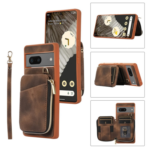 Google Pixel 7 Zipper Card Bag Back Cover Phone Case - Brown