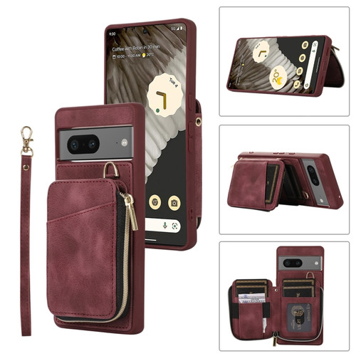 Google Pixel 7 Zipper Card Bag Back Cover Phone Case - Wine Red
