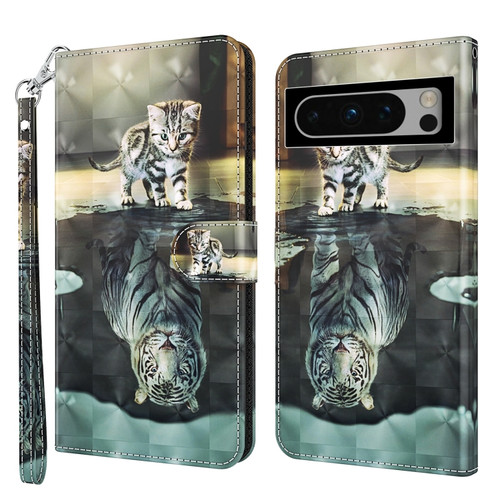 Google Pixel 8 3D Painting Pattern Flip Leather Phone Case - Cat Tiger