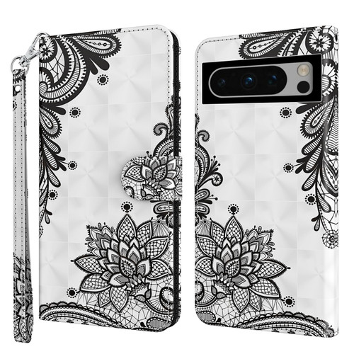 Google Pixel 8 3D Painting Pattern Flip Leather Phone Case - Diagonal Black Flower