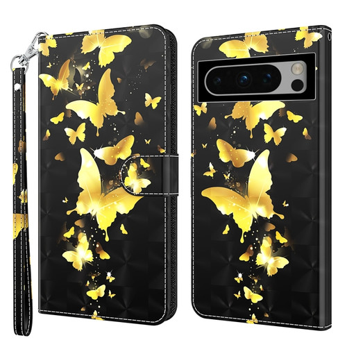 Google Pixel 8 3D Painting Pattern Flip Leather Phone Case - Gold Butterfly