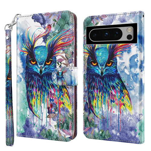 Google Pixel 8 3D Painting Pattern Flip Leather Phone Case - Watercolor Owl