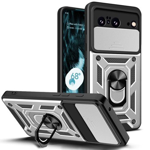 Google Pixel 8 5G Sliding Camera Cover Design TPU Hybrid PC Phone Case - Silver
