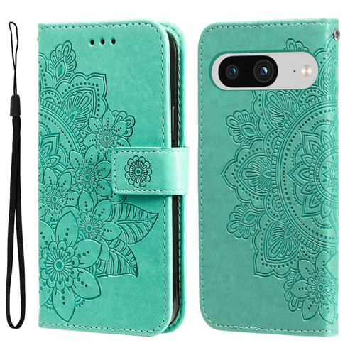 Google Pixel 8 7-petal Flowers Embossing Leather Phone Case - Green