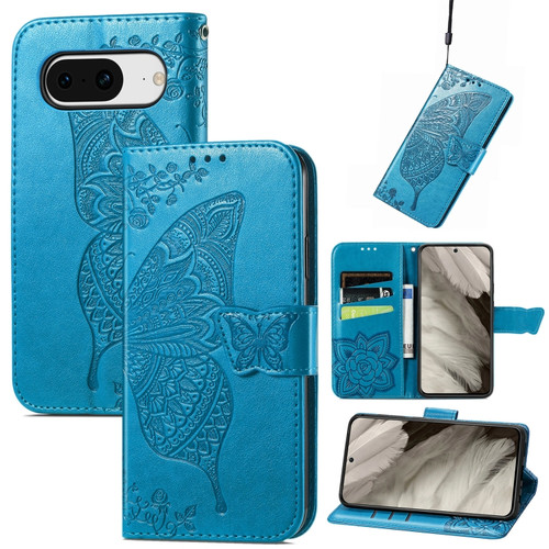 Google Pixel 8 Butterfly Love Flower Embossed Leather Phone Case - Blue