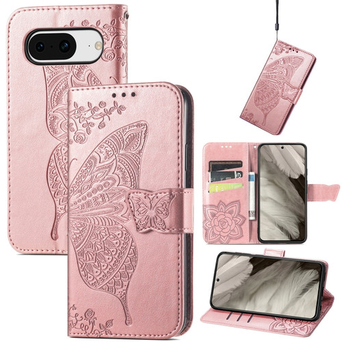 Google Pixel 8 Butterfly Love Flower Embossed Leather Phone Case - Rose Gold