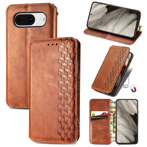 Google Pixel 8 Cubic Grid Pressed Magnetic Leather Phone Case - Brown