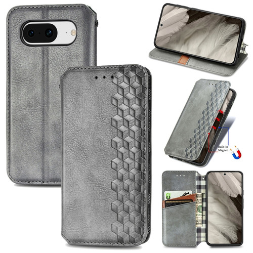 Google Pixel 8 Cubic Grid Pressed Magnetic Leather Phone Case - Gray