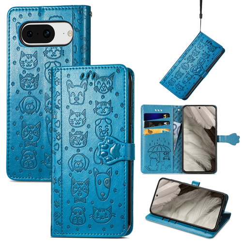 Google Pixel 8 Cute Cat and Dog Embossed Leather Phone Case - Blue