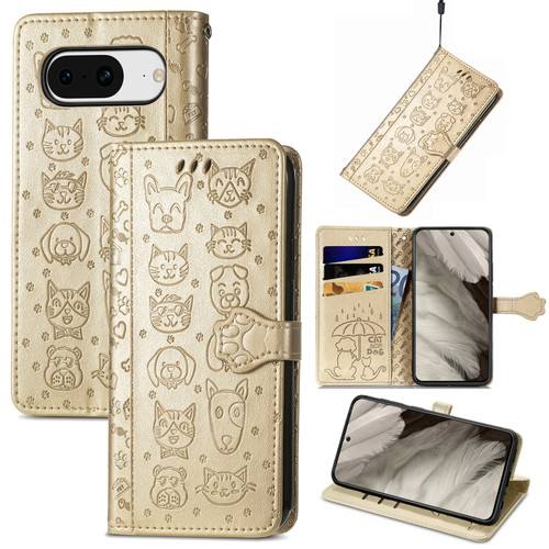 Google Pixel 8 Cute Cat and Dog Embossed Leather Phone Case - Gold