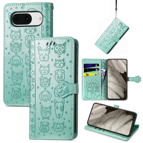 Google Pixel 8 Cute Cat and Dog Embossed Leather Phone Case - Green