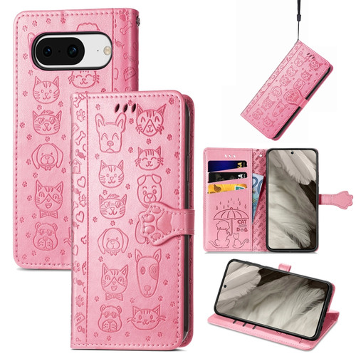 Google Pixel 8 Cute Cat and Dog Embossed Leather Phone Case - Pink