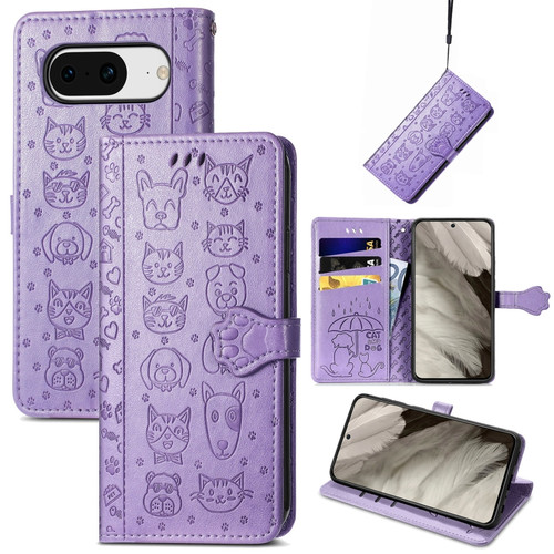 Google Pixel 8 Cute Cat and Dog Embossed Leather Phone Case - Purple