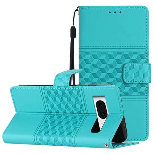 Google Pixel 8 Diamond Embossed Skin Feel Leather Phone Case with Lanyard - Blue