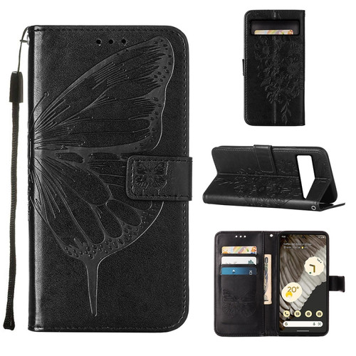 Google Pixel 8 Embossed Butterfly Leather Phone Case - Black