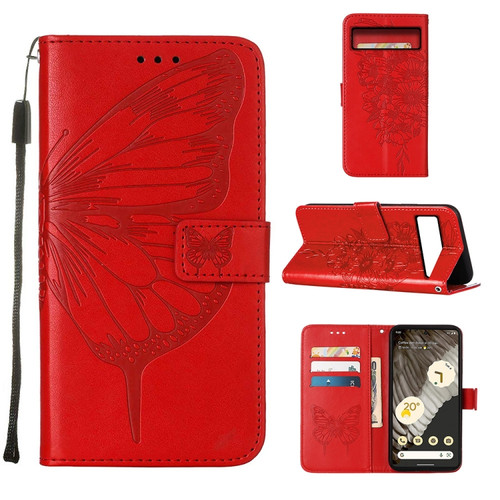 Google Pixel 8 Embossed Butterfly Leather Phone Case - Red
