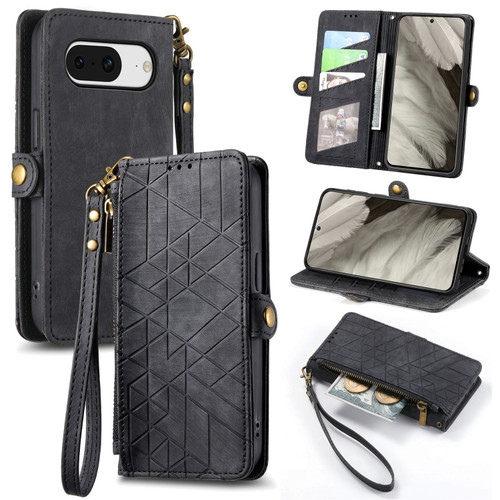 Google Pixel 8 Geometric Zipper Wallet Side Buckle Leather Phone Case - Black