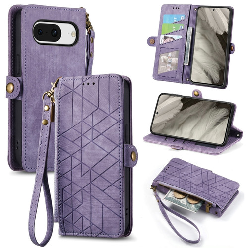 Google Pixel 8 Geometric Zipper Wallet Side Buckle Leather Phone Case - Purple