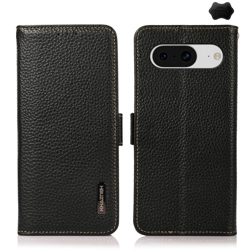 Google Pixel 8 KHAZNEH Side-Magnetic Litchi Genuine Leather RFID Phone Case - Black