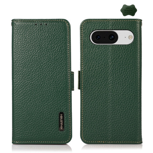 Google Pixel 8 KHAZNEH Side-Magnetic Litchi Genuine Leather RFID Phone Case - Green