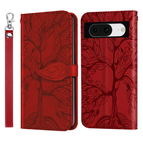 Google Pixel 8 Life Tree Embossing Pattern Flip Leather Phone Case - Red