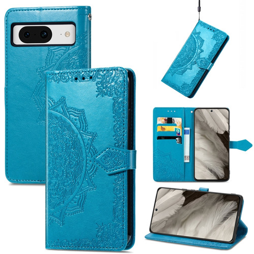 Google Pixel 8 Mandala Flower Embossed Leather Phone Case - Blue