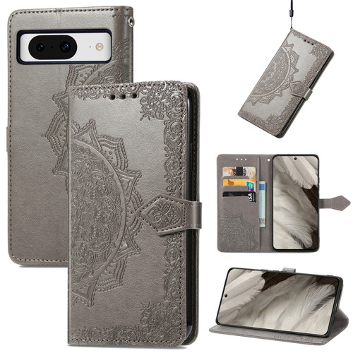 Google Pixel 8 Mandala Flower Embossed Leather Phone Case - Gray