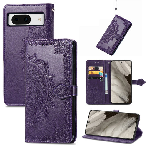 Google Pixel 8 Mandala Flower Embossed Leather Phone Case - Purple
