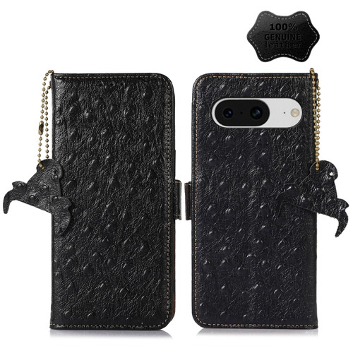 Google Pixel 8 Ostrich Pattern Genuine Leather RFID Phone Case - Black